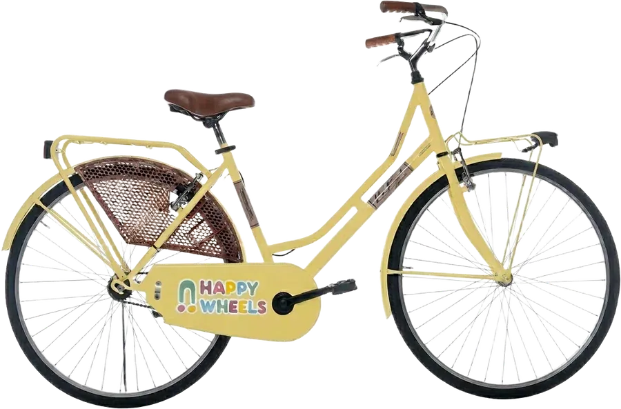 Golden Fries, a pale yellow city bike with a wicker basket