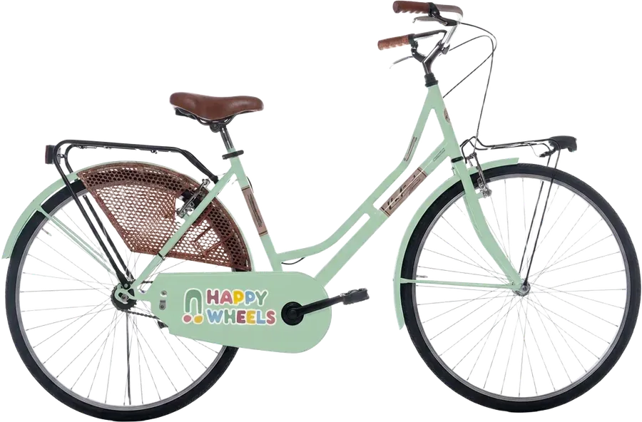 Pistachio Praline, a pistachio-green city bike with a wicker basket