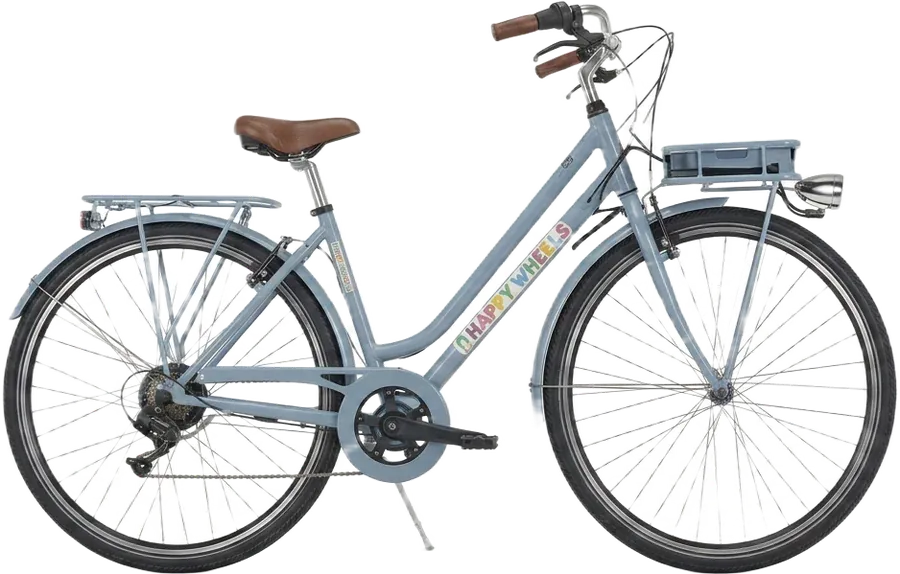 The Swan, a grey-blue electric city bike with a wicker basket