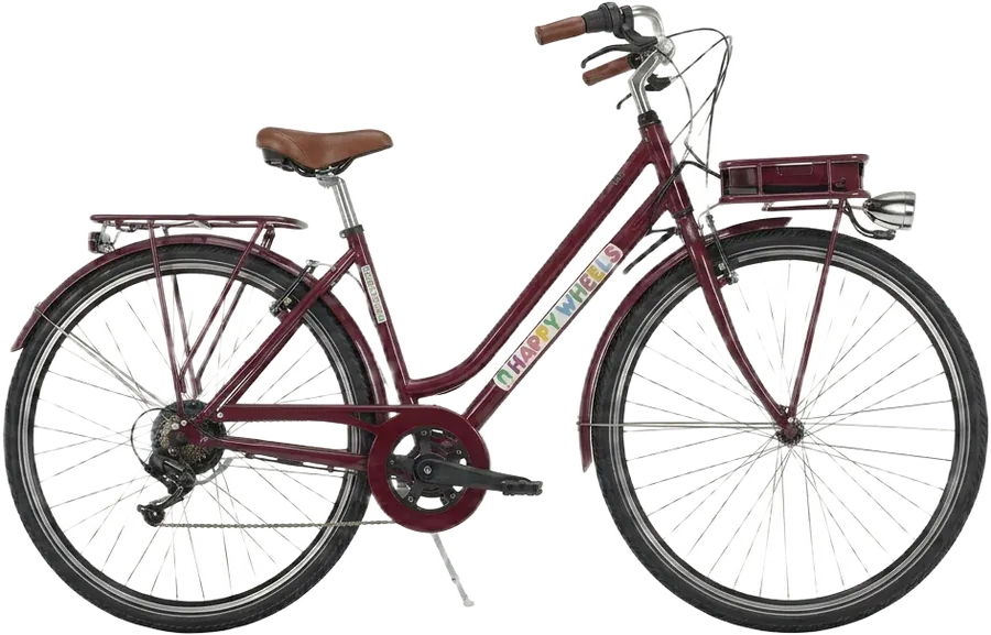 The Trappist, a burgundy electric city bike with a wicker basket